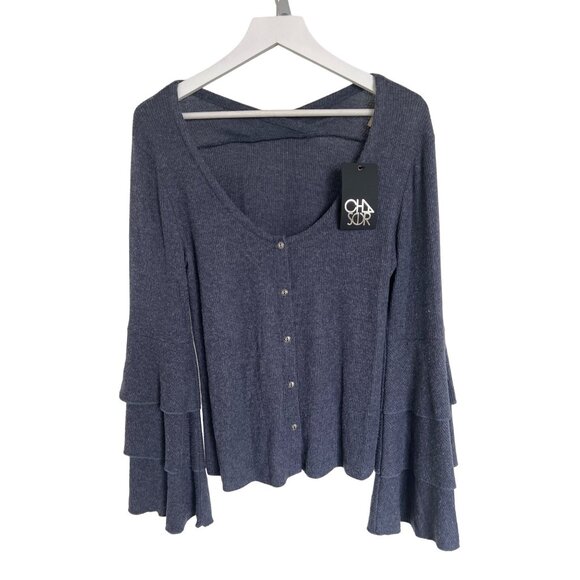 Chaser Navy Blue Bell Sleeve Blouse Ribbed Button Front - Picture 1 of 3